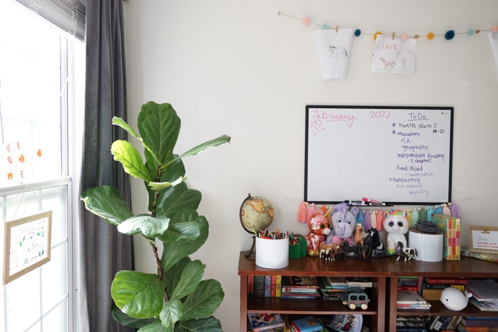 hoemschool room, large fig plant, bookshelves with toys and books, colored pencils, school supplies visible, dry erase board with daily schedule above bookshelves