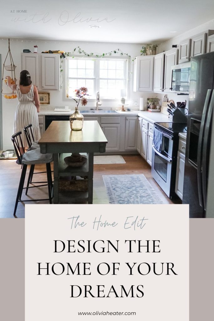 Woman in brightly sunlit kitchen putting away fruit in hanging basket with the verbiage "design the home of your dreams" at bottom of image