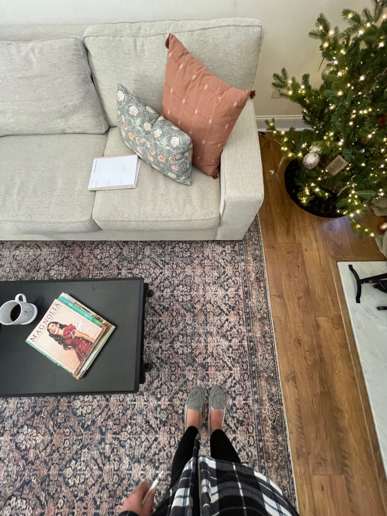 view from above of textured rug for living room with cream colored couch and antique coffee table