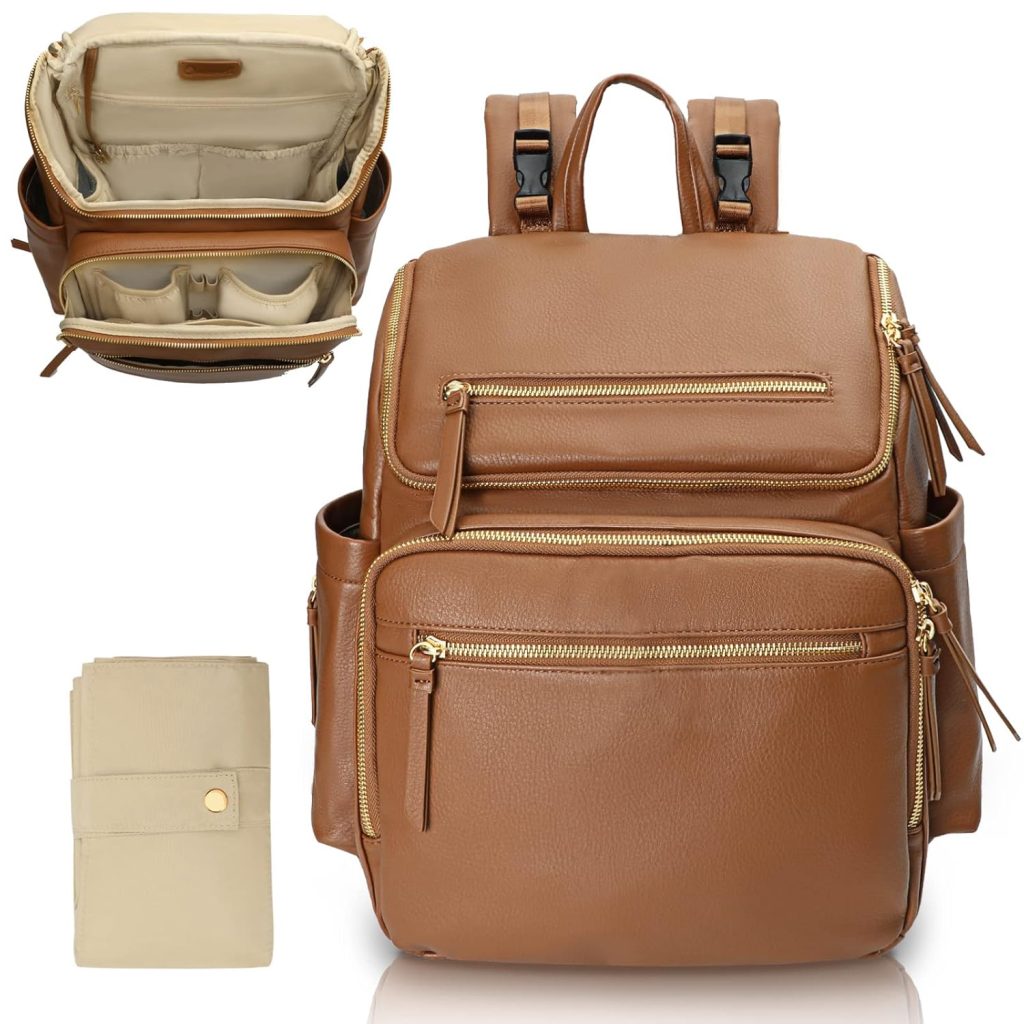 Diaper bag backpack style with brown leather and gold zipper